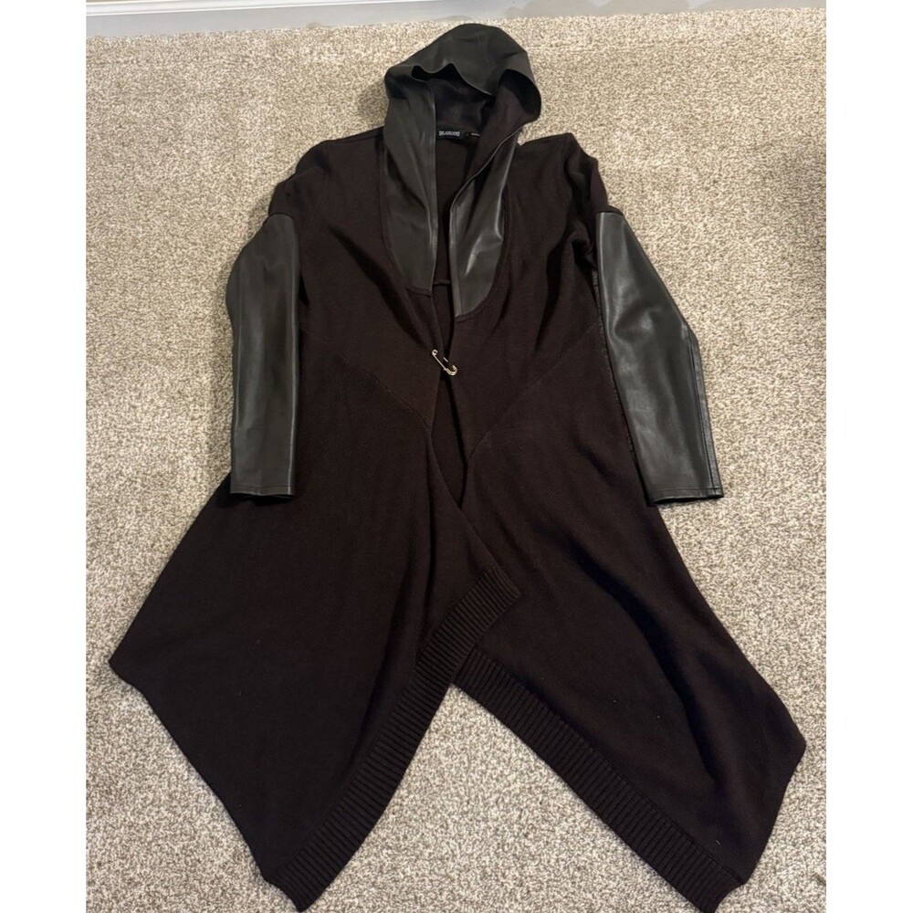 BLANKNYC Women’s Lg Hooded Duster Cardigan Faux Leather Sleeves Long Open Front